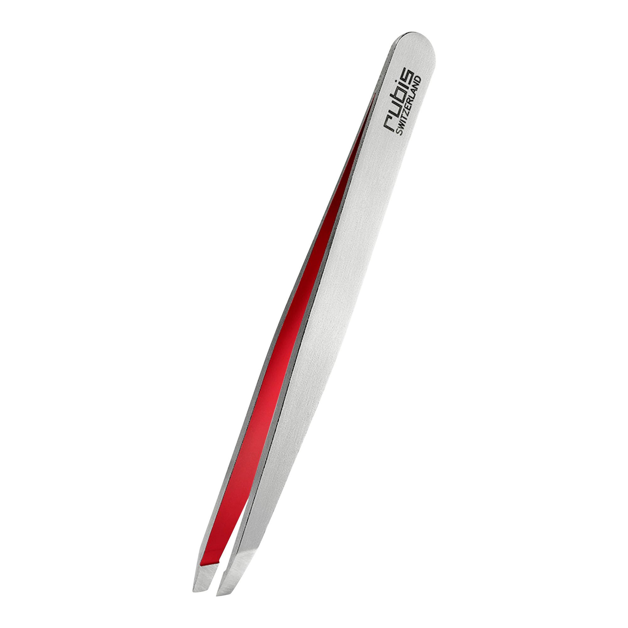 Pinzetta in Acciaio Inox con punta obliqua e Interno Rosso Rubis