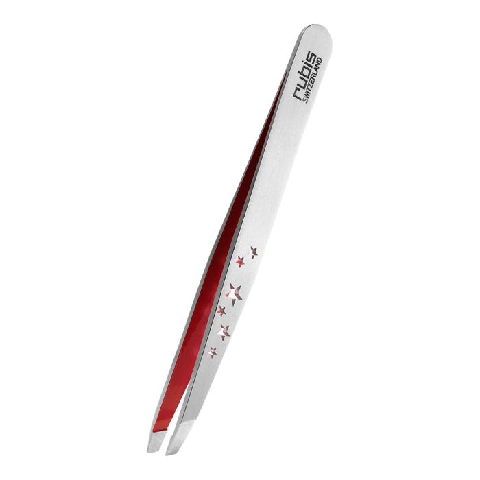 Pinzetta in Acciaio Inox con Punta Obliqua, Stelle e Interno Rosso Rubis