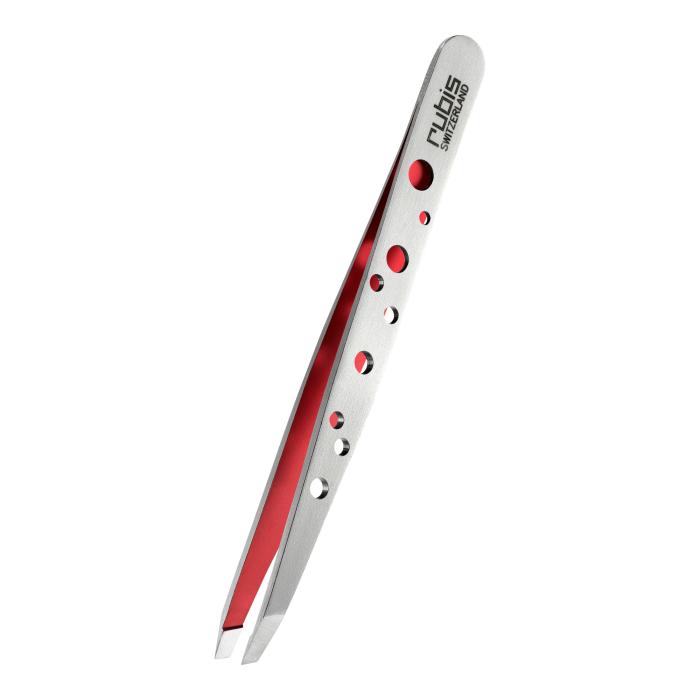 Pinzetta in Acciaio Inox con Punta Obliqua, traforata e Interno Rosso Rubis